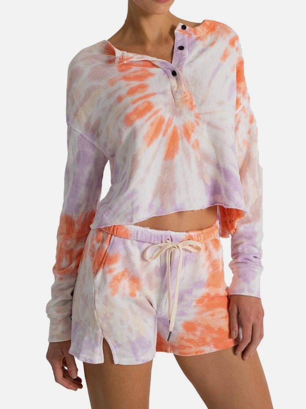 n:Philanthropy Terry Tie-Dye Henley Sweatshirt & Shorts Matching Cozy Cotton Set